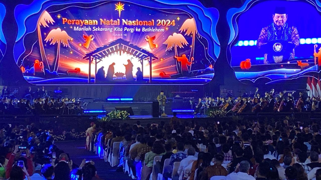 Presiden Prabowo Subianto menyampaikan sambutan di Perayaan Natal Nasional 2024 di Indonesia Arena Jakarta, Sabtu (28/12/2024). (Merdeka.com/Alma Fikhasari)