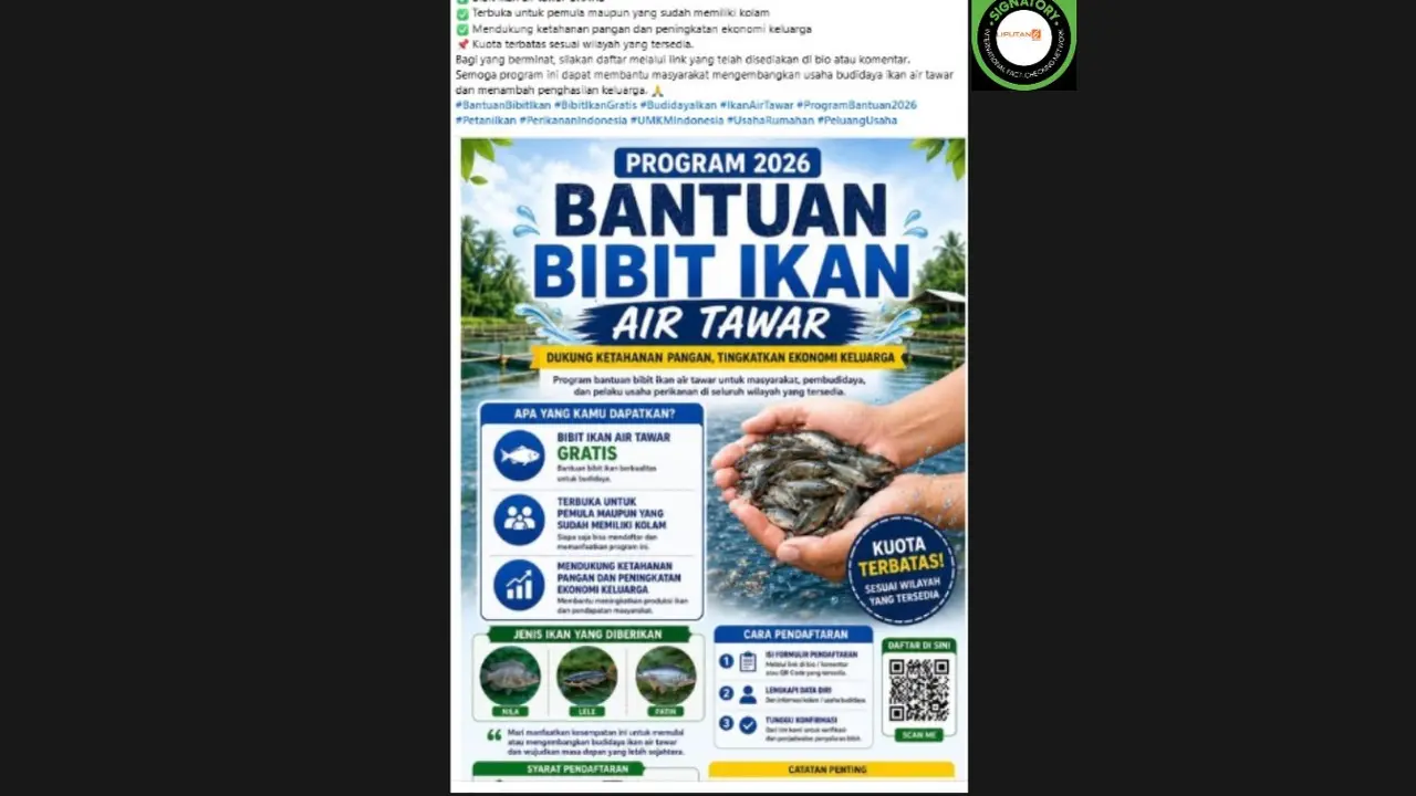 Cek Fakta Liputan6.com mendapati klaim link pendaftaran untuk mendapatkan bantuan bibit ikan nila dan lele 2026.