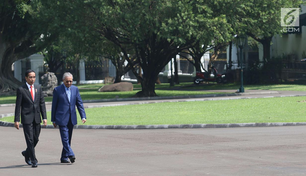 Presiden Joko Widodo (Jokowi) berjalan bersama PM Malaysia, Mahathir Mohamad usai menaman pohon di halaman belakang Istana Bogor, Jumat (29/6). Sebelum kegiatan menanam pohon, PM Malaysia disambut dengan upacara kenegaraan. (Liputan6.com/Angga Yuniar)
