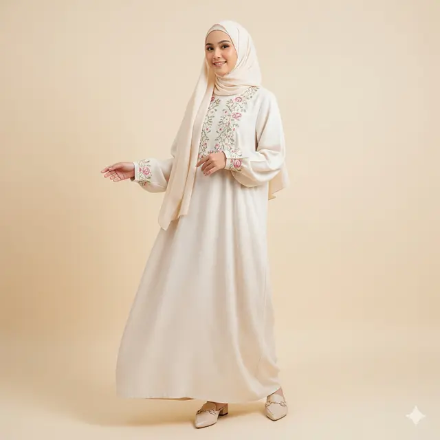 Model Dress Muslim Kombinasi Linen dan Bordir Elegan Terbaru 2025. Gemini