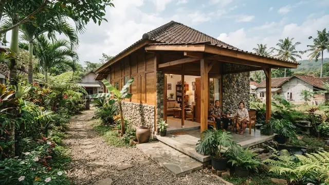 Rumah kampung dengan kayu dan batu alam yang nyaman untuk masa tua model dengan teras samping