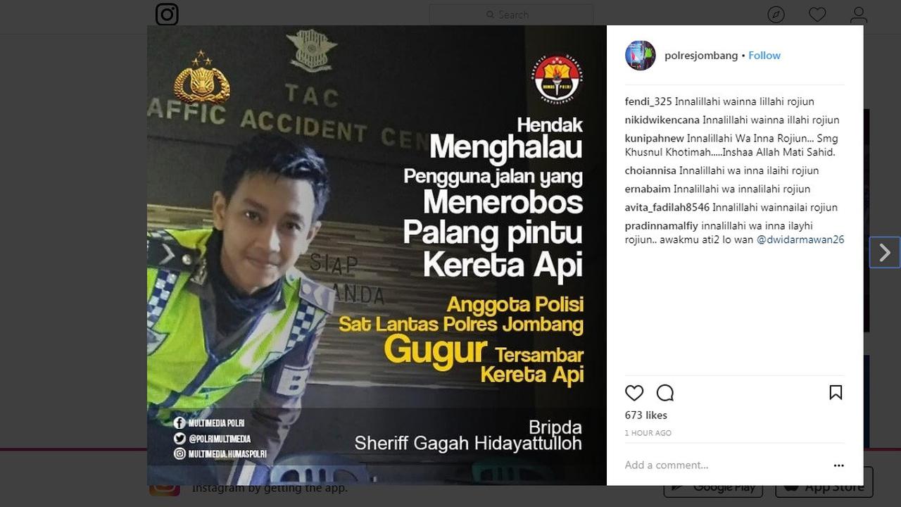 Anggota Satlantas Polres Jombang Bripda Sheriff Gagah tewas usai menghalau pengendara yang hendak menerobos palang pintu perlintasan kereta api.