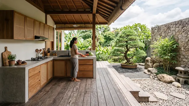Desain Dapur Terbuka dengan Taman Kering Anti Ribet