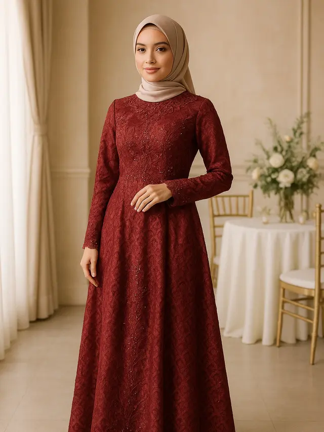Model Gamis Brokat Burgundy