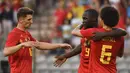 Para pemain Belgia merayakan gol Romelu Lukaku saat melawan Mesir pada laga uji coba di King Baudouin stadium, Brussels, (6/6/2018) waktu setempat. Belgia menang 3-0.(AP/Geert Vanden Wijngaert)