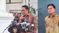 Menkum Supratman Andi Agtas (tengah) bersama Menko Kumham-Impas Yusril Ihza Mahendra (kanan) dan Menteri HAM Natalius Pigai (kiri) menyampaikan konferensi pers di Istana. (Liputan6.com/Lizsa Egeham)