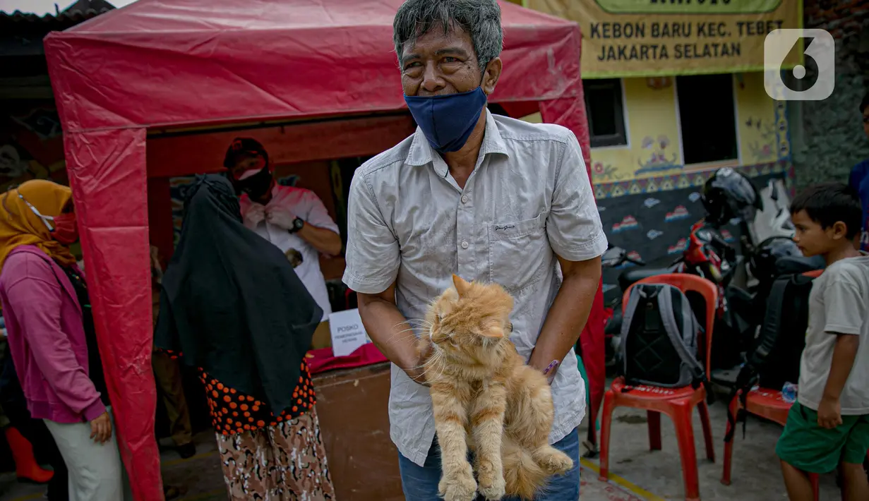 Warga membawa kucing usai melakukan pemeriksaan kesehatan hewan peliharaan di Kawasan Tebet, Jakarta, Senin (22/2/2021). Dinas KPKP Provinsi DKI Jakarta mengadakan pemeriksaan kesehatan hewan peliharaan secara gratis bagi yang terdampak banjir. (Liputan6.com/Faizal Fanani)