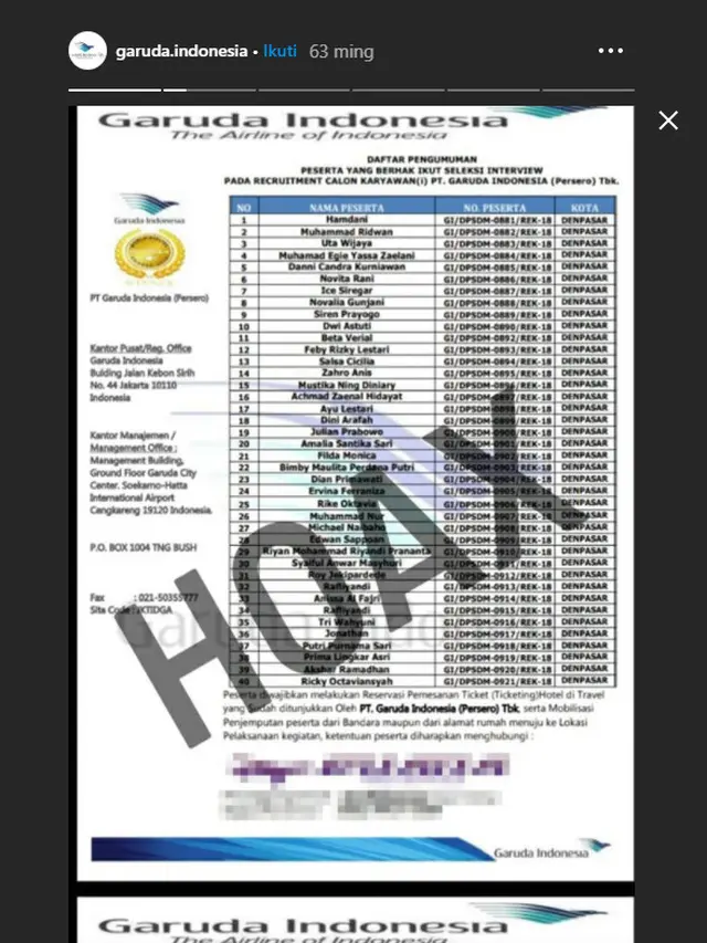 Tangkapan layar Instastory Garuda Indonesia
