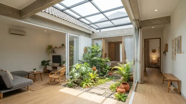 Desain Rumah 6x12 Meter Model Inner Courtyard yang Tetap Nyaman dan Terasa Luas Model Bagian Tengah Ruang Keluarga