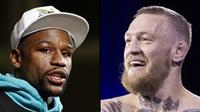Floyd Mayweather Jr (kiri) dan Conor McGregor akan berduel di Las Vegas, 26 Agustus mendatang. Mereka akan bertanding dalam disiplin tinju. (AP Photo/Steve Marcus)
