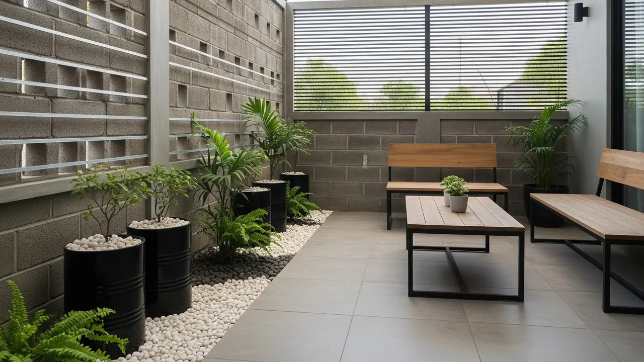 Model Teras Industrial dengan Pagar Besi dan Taman Mini di Samping Rumah