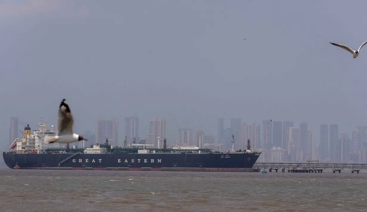 Kapal pengangkut Liquefied Petroleum Gas (LPG) berbendera India, Jag Vasant, yang mengangkut gas minyak cair, terlihat di Pelabuhan Mumbai, India, setelah tiba melewati Selat Hormuz, Rabu, 1 April 2026. Kapal pengangkut Liquefied Petroleum Gas (LPG) berbendera India, Jag Vasant, tiba di Pelabuhan Mumbai, India. (AP Photo/Rafiq Maqbool)