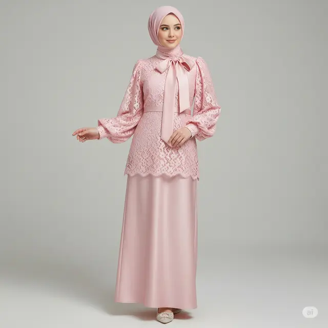 Inspirasi Gaun Pesta Muslimah High Neck Lace.