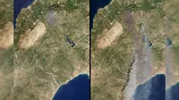 Kombinasi citra satelit yang disediakan oleh Planet Labs PBC dan diambil pada Kamis, 20 Juli 2023 di sebelah kiri dan Minggu, 23 Juli 2023 menunjukkan luasnya kebakaran hutan di sebagian pulau Rhodes, Yunani. (Planet Labs PBC via AP)