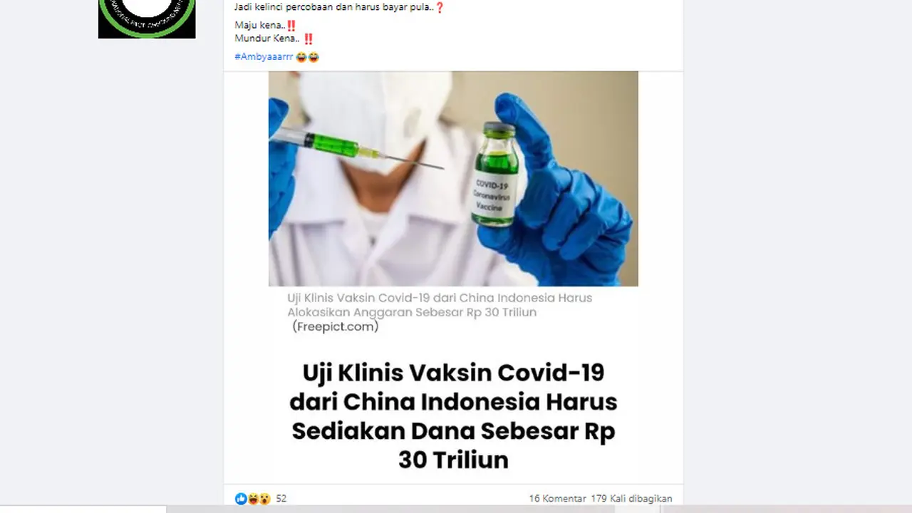 Penelusuran klaim RI Harus Sediakan Rp 30 T untuk Uji Klinis Vaksin Covid-19 dari China