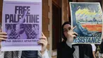 Para mahasiswa mengambil bagian dalam aksi unjuk rasa pro-Palestina di American University of Beirut (AUB) pada 30 Mei 2024. (ANWAR AMRO/AFP)