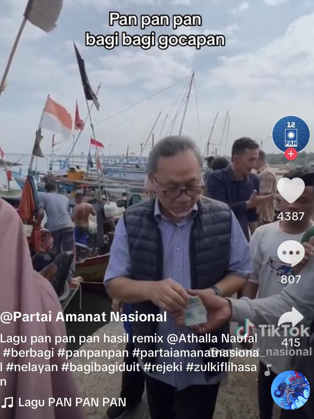 Video Ketua Umum Partai Amanat Nasional (PAN) Zulkifli Hasan (Zulhas) bagi-bagi uang ke nelayan viral di media sosial.