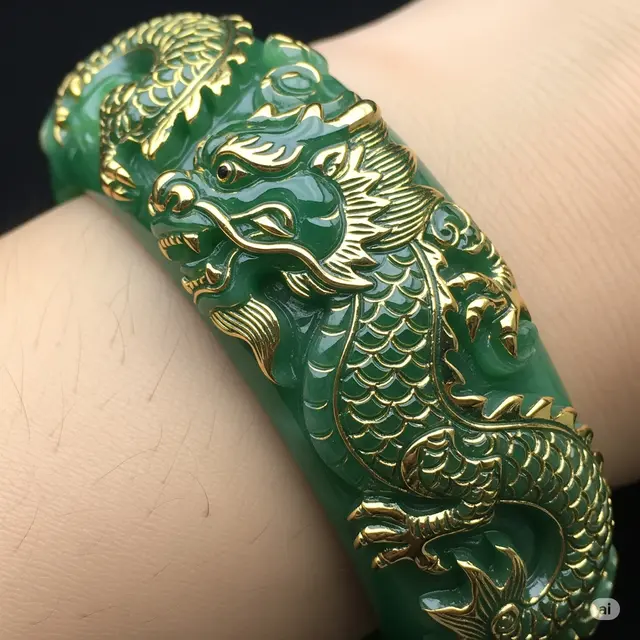 Gelang Giok Motif Naga Tradisional dengan Detailing Emas