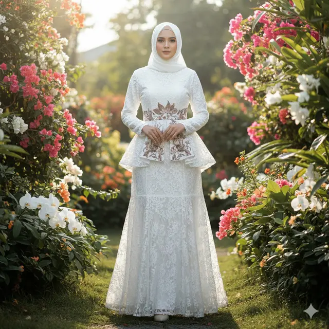 Gamis Putih Brokat Aksen Batik Coklat Earthy Tone