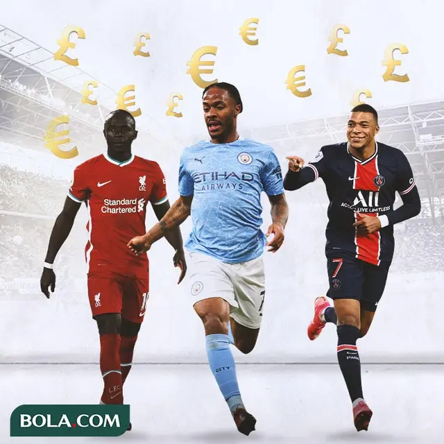 Ilustrasi - Euro dan Pounds, Sadio Mane, Raheem Sterling, Kylian Mbappe