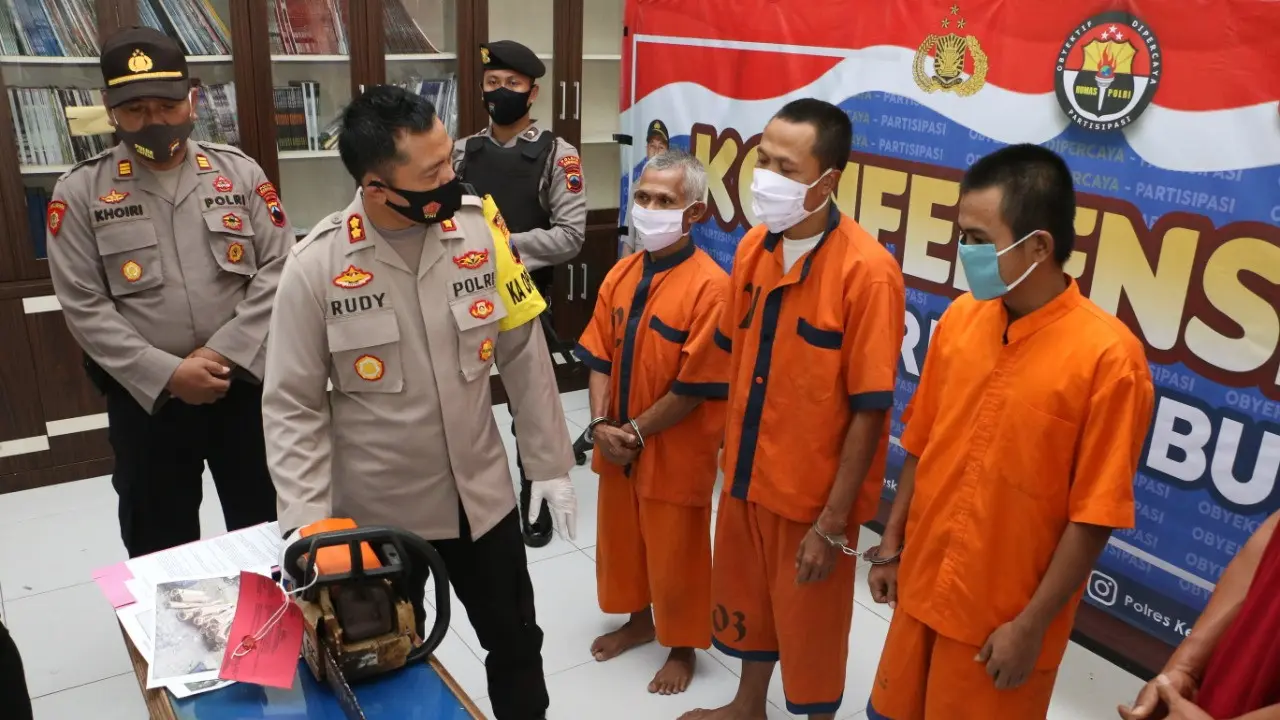 Polisi menangkap tiga terduga pelaku pembalakan liar yang tengah menebang pohon sanakeling di lahan Perhutani, Kebumen. (Foto: Liputan6.com/Polres Kebumen)