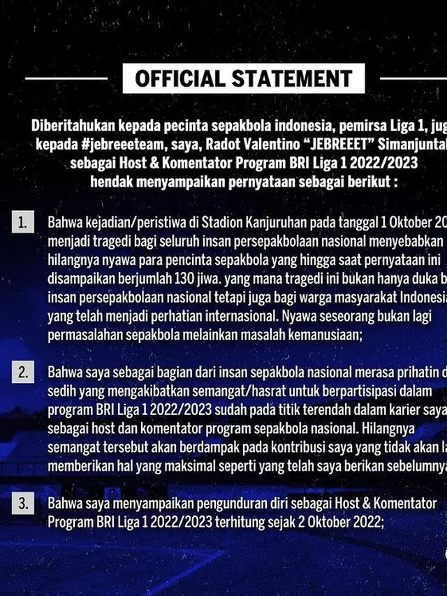 Berduka untuk Tragedi Kanjuruhan, Valentino Jebret Simanjuntak Umumkan Mundur Jadi Host dan Komentator Sepak Bola