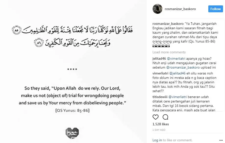 Rosmanizar unggah ayat suci Alquran (Instagram/@rosmanizar_baskoro)