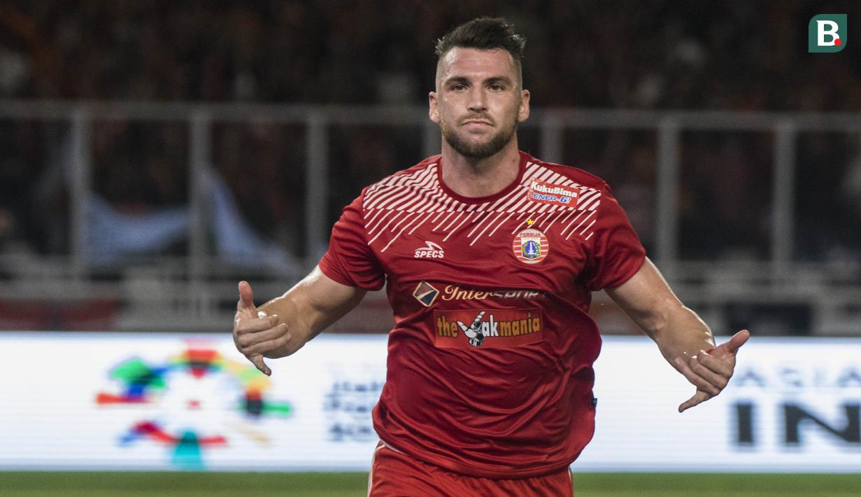 Striker Persija Jakarta, Marko Simic, merayakan gol yang dicetaknya ke gawang Bali United pada final Piala Presiden di SUGBK, Jakarta, Sabtu (17/2/2018). Persija menang 3-0 atas Bali United. (Bola.com/Vitalis Yogi Trisna)