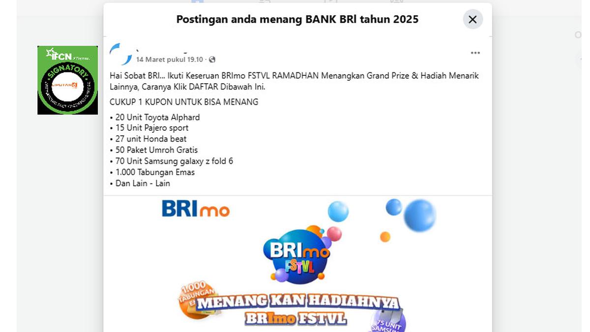 Cek Fakta: Tidak Benar Link Pendaftaran Kupon Pembagian Hadiah BRImo FSTVL Ramadan