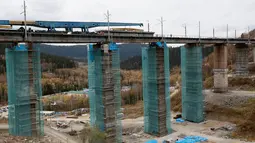 Suasana lokasi proyek pengerjaaan jembatan kereta yang berada di Taiga, dekat stasiun Dzheb, Krasnoyarsk, 10 Oktober 2016. Rusia membangun jembatan kereta tertinggi di negaranya yang merupakan proyek Trans-Siberian Railway. (REUTERS/Ilya Naymushin)