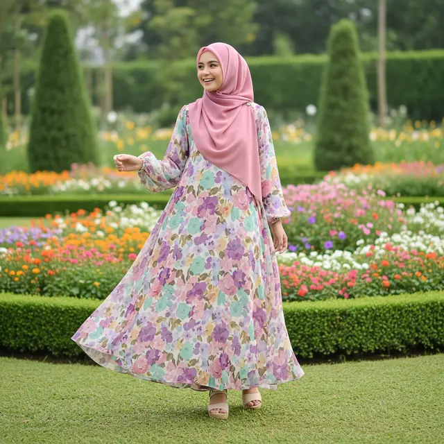 Model Gamis Outdoor untuk Pesta Kebun (Image by Gemini AI)