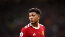 Jadon Sancho - Winger Setan Merah ini harus menelan pil pahit usai terdepak dari skuad Timnas Inggris. Penampilan Sancho yang masih melempem bersama MU membuat Pelatih Inggris Gareth Southgate tidak memanggilnya pada Kualifikasi Piala Dunia 2022. (AFP/Oli Scarff)