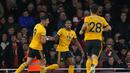 Gelandang Wolverhampton, Ivan Cavaleiro berhasil mencetak gol ke gawang Arsenal pada laga lanjutan Premier League, yang berlangsung Minggu (11/11) di stadion Emirates. Arsenal ditahan imbang Wolverhampton 1-1. (AFP/Daniel Olivas)
