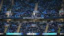 Pemandangan tribune kosong dalam laga lanjutan Liga Inggris 2024/2025 antara Manchester City melawan Leicester di Etihad Stadium, Manchester, Inggris, Rabu (02/04/2025) waktu setempat. (AFP/Oli Scarff)