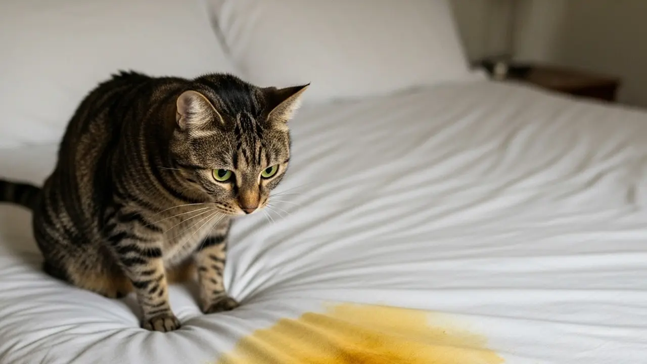 Ilustrasi kucing kencing di kasur