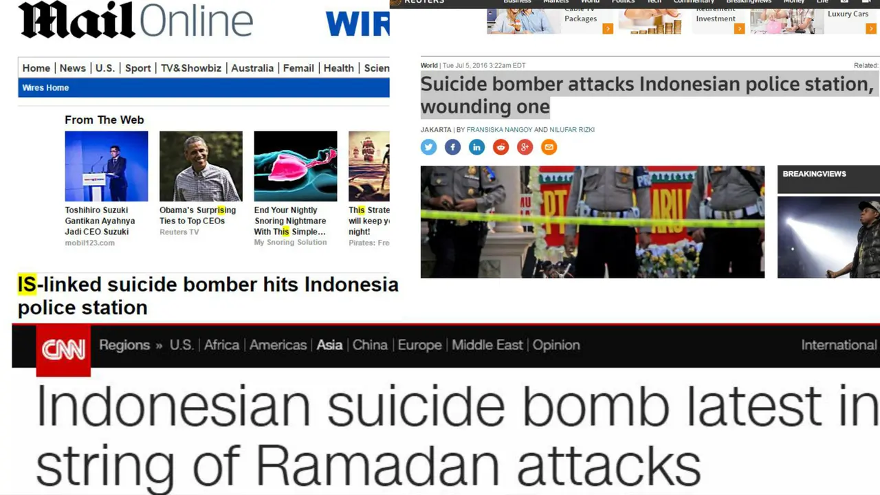 Beberapa media asing yang menyoroti berita bom Solo. (Berbagai Sumber)