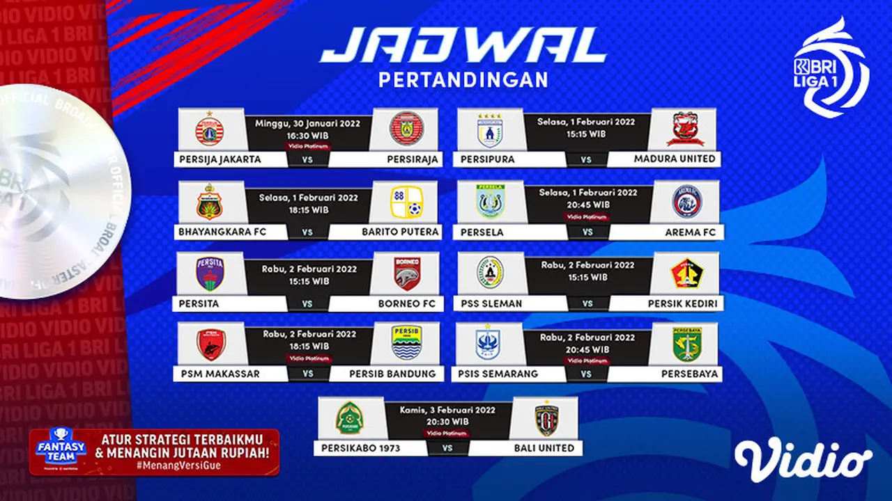 Jadwal BRI Liga 1 Pekan Ke-22 Mulai 1 Februari 2022 Tayang di Vidio