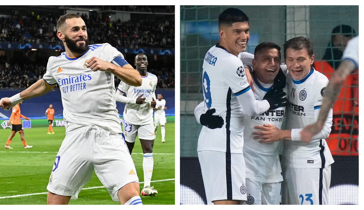 Dua tim unggulan, Real Madrid dan Inter Milan sama-sama memetik kemenangan dalam laga matchday ke-4 Grup D Liga Champions 2021/2022. Real Madrid kini menempati posisi pertama dan diikuti Inter Milan di posisi kedua. (Kolase AFP dan AP)