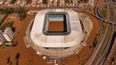 Foto udara stadion klub Brasil Gremio, Arena do Gremio saat dilanda banjir di Porto Alegre, negara bagian Rio Grande do Sul, Brasil, pada 7 Mei 2024. (AFP/Carlos Fabal)