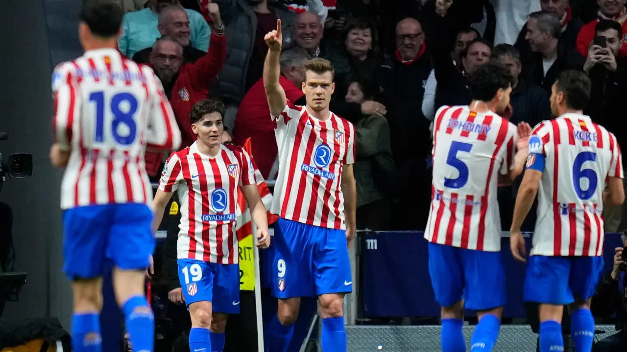 Selebrasi Alexander Sorloth di laga Atletico Madrid vs Club Brugge di leg kedua playoff Liga Champions 2025/2026 di Riyadh Air Metropolitano, Rabu (25/02/2026).