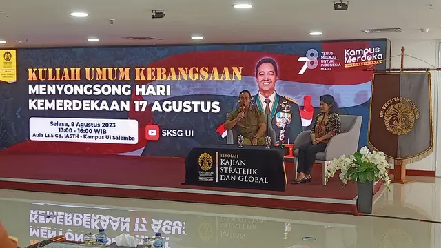 Mantan Panglima TNI, Jenderal (Purn) Andika Perkasa memberikan kuliah umum kebangsaan di Universitas Indonesia (UI).