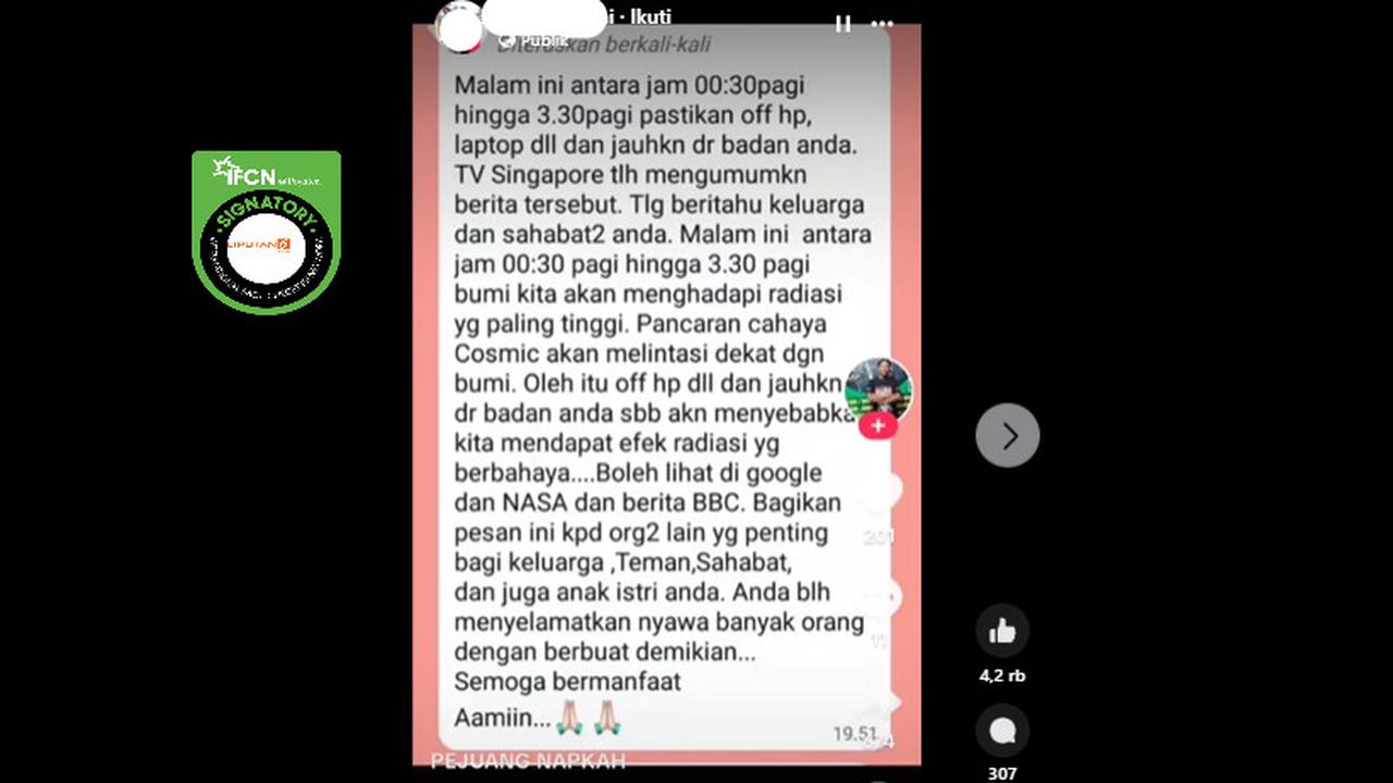 Tangkapan layar klaim bumi mengalami radiasi pancaran paling tinggi cahaya kosmik