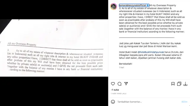 Tamara Bleszynski Spill Isi Surat Wasiat Peninggalan Sang Ayah: Ini Bukan Abal-Abal Seperti Gugatanmu. (instagram.com/tamarableszynskiofficial)