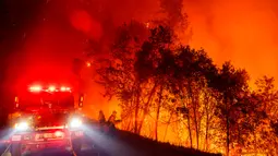 Petugas pemadam kebakaran memerangi Mosquito Fire yang menyala di Michigan Bluff Rd, Placer County, California, Amerika Serikat, 7 September 2022. (AP Photo/Noah Berger)