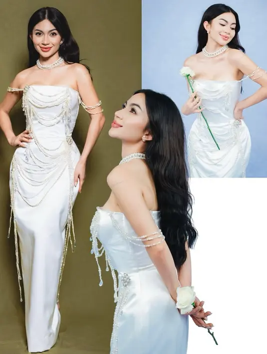 Ariel Tatum kenakan strapless satin dress dari Stella Rissa dengan detail dripping mutiara yang cantik [@arieltatum]