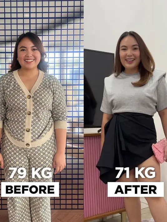 Angelica yang mengenakan pakaian two pieces memerlihatkan bb 79 kg. Namun setelah program diet ia menampilkan transformasi dengan bb 71 kg. [@angelicamanopo]