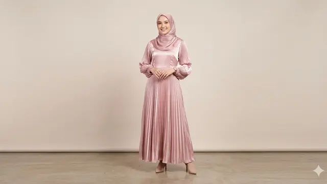 Model Baju Lebaran 2026; Gamis Shimmer Silk dengan Detail Plisket. Foto: AI