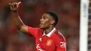 Anthony Martial. Striker asal Prancis yang kini menjalani musim ke-8 bersama Manchester United sejak didatangkan dari AS Monaco pada awal musim 2015/2016 ini total tampil 10 kali dengan mencetak satu gol dari total 15 laga MU di Liga Europa 2016/2017. Pemain yang mulai terpinggirkan akibat penampilannya yang tak konsisten ditambah sering mengalami cedera ini tercatat baru tampil dalam 9 laga saja di Liga Inggris musim 2022/2023 dengan torehan 3 gol dan 2 assist. (AFP/Manan Vatsyayana)