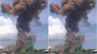 Pabrik baja Krakatau-Posco meledak dan mengepulkan asap tebal ke langit Kota Cilegon. (Yandhi Deslatama/Liputan6.com)