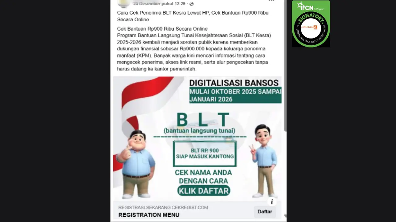 Tangkapan layar klaim link untuk mengecek penerima BLT Kesra 2025-2026 seperti yang beredar di Facebook.